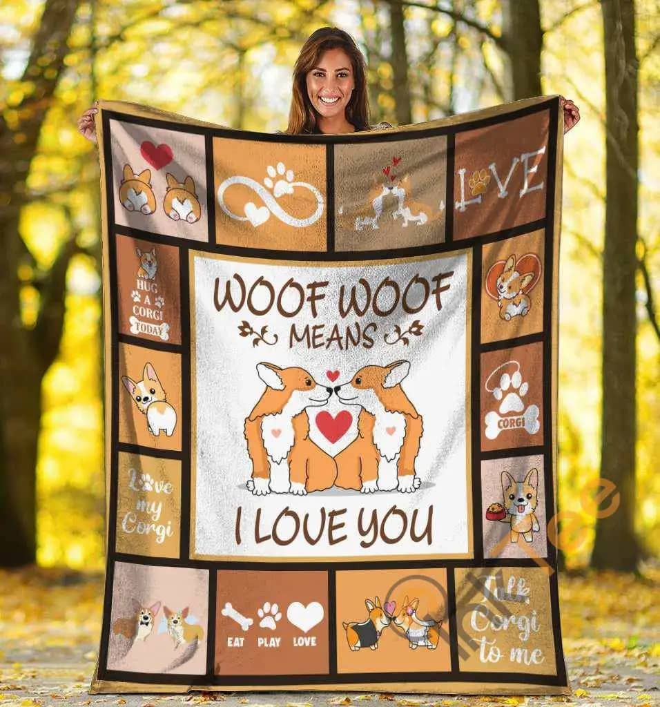 Woof Woof Means I Love You Corgi Dog Ultra Soft Cozy Plush Fleece Blanket