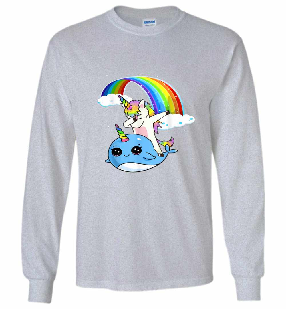 Inktee Store - Dabbing Unicorn With Narwhal And Rainbow Cute Long Sleeve T-Shirt Image