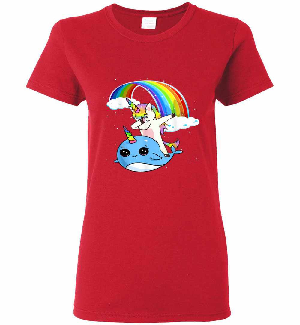 Inktee Store - Dabbing Unicorn With Narwhal And Rainbow Cute Women'S T-Shirt Image