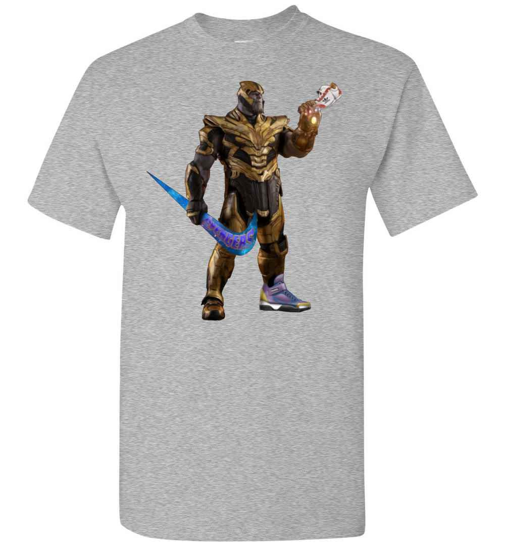 Inktee Store - Funny Thanos With Swoosh As Weapon And Hand On Shoe Men'S T-Shirt Image
