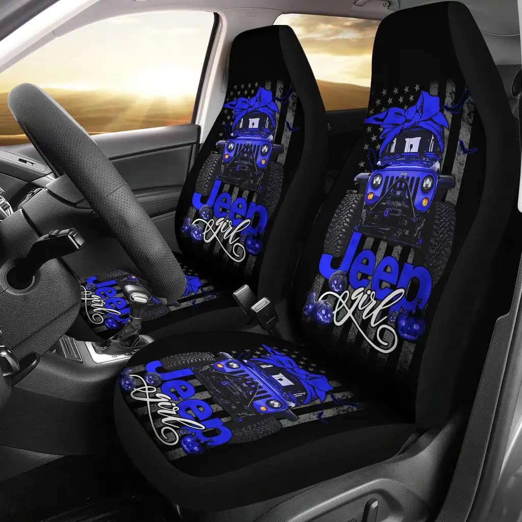 Halloween American Flag Blue Jeep Girl Premium Custom Car Seat Covers