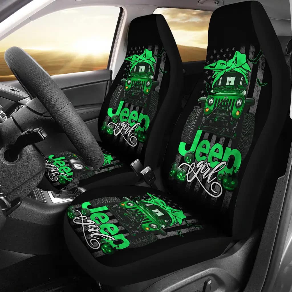 Halloween American Flag Green Jeep Girl Premium Custom Car Seat Covers