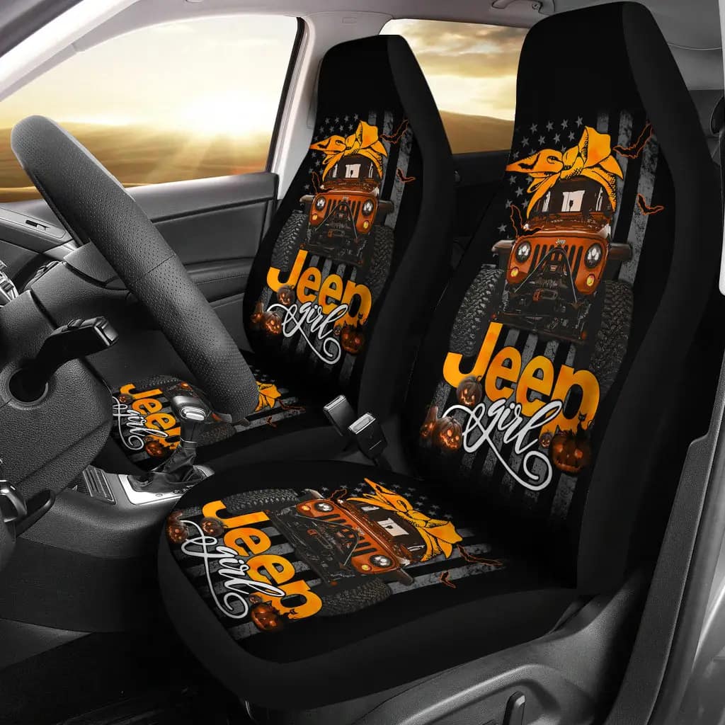 Halloween American Flag Orange Jeep Girl Premium Custom Car Seat Covers
