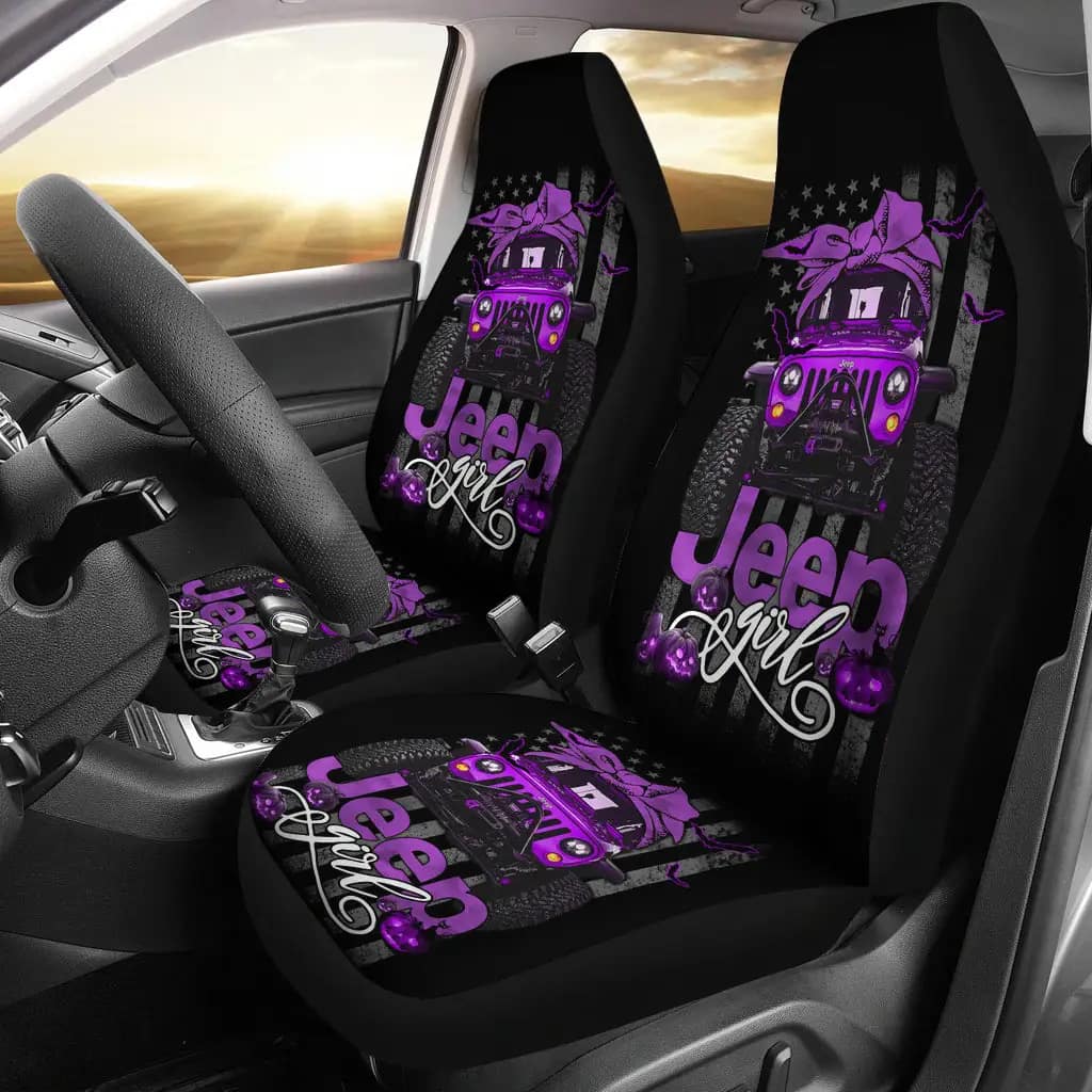 Halloween American Flag Purple Jeep Girl Premium Custom Car Seat Covers