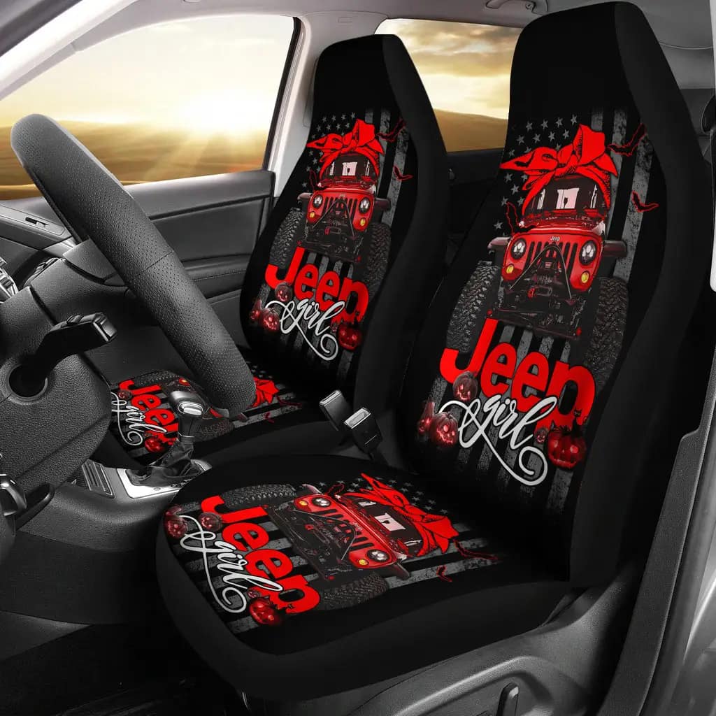 Halloween American Flag Red Jeep Girl Premium Custom Car Seat Covers
