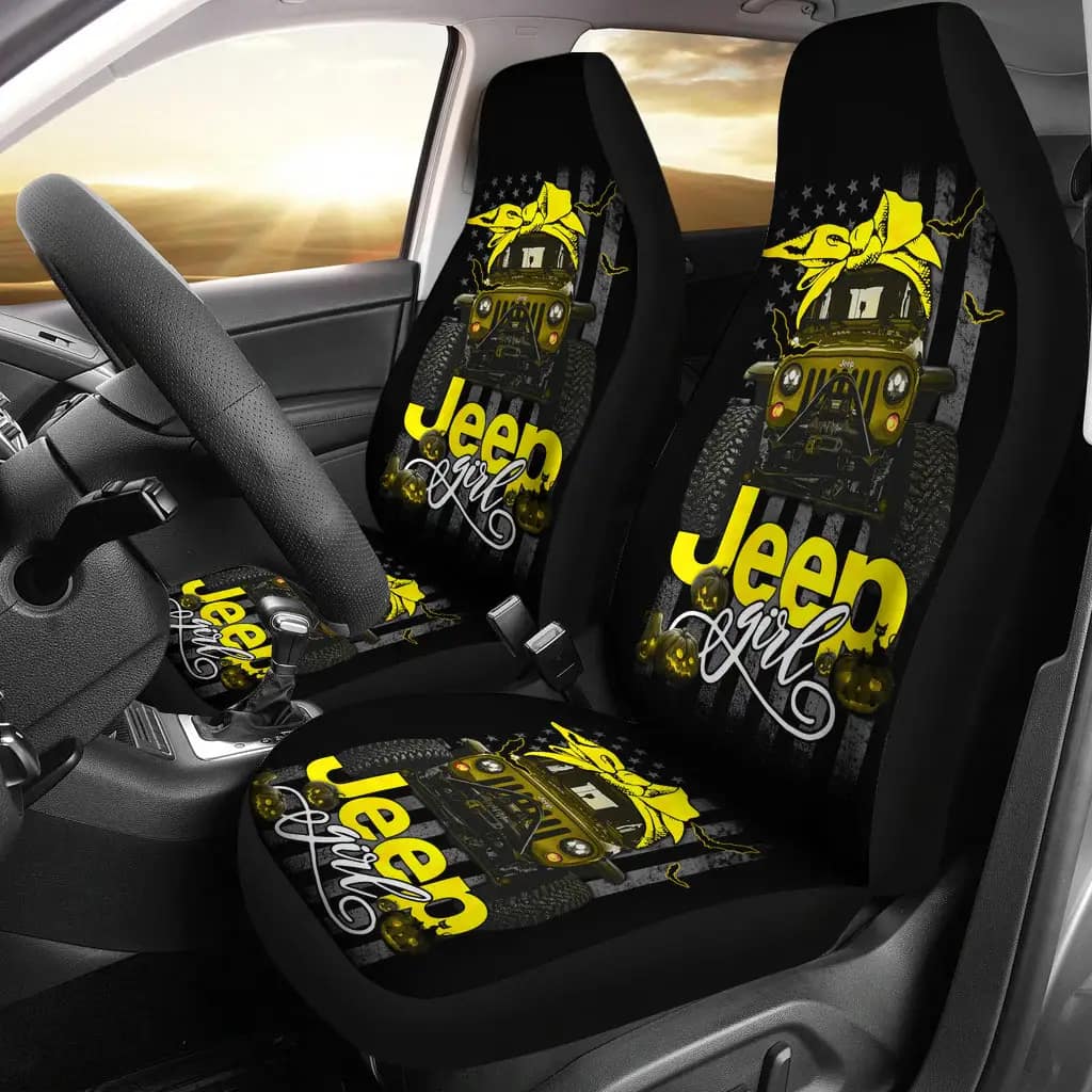 Halloween American Flag Yellow Jeep Girl Premium Custom Car Seat Covers