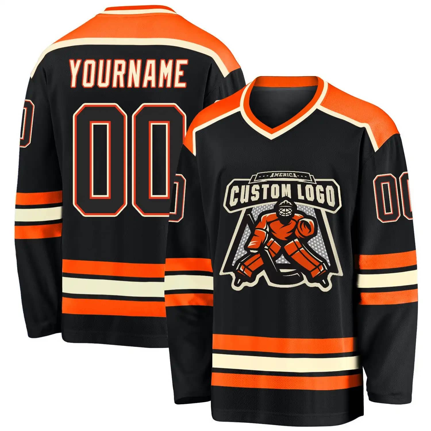 Stitched And Print Black Black Orange-cream Hockey Jersey Custom