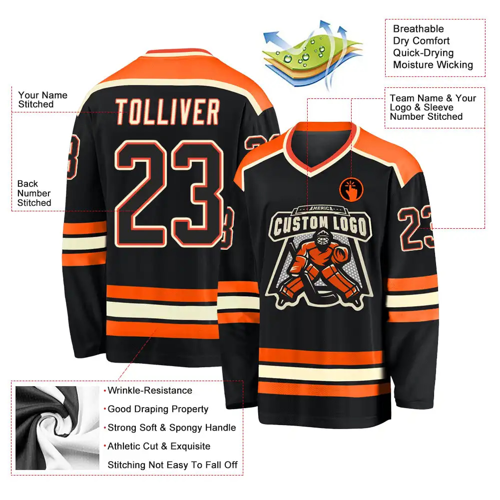 Inktee Store - Stitched And Print Black Black Orange-Cream Hockey Jersey Custom Image
