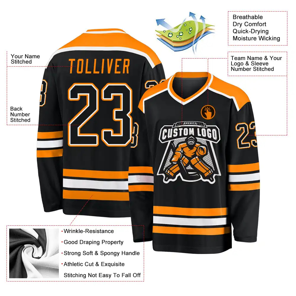 Inktee Store - Stitched And Print Black Black-Blaze Orange Hockey Jersey Custom Image