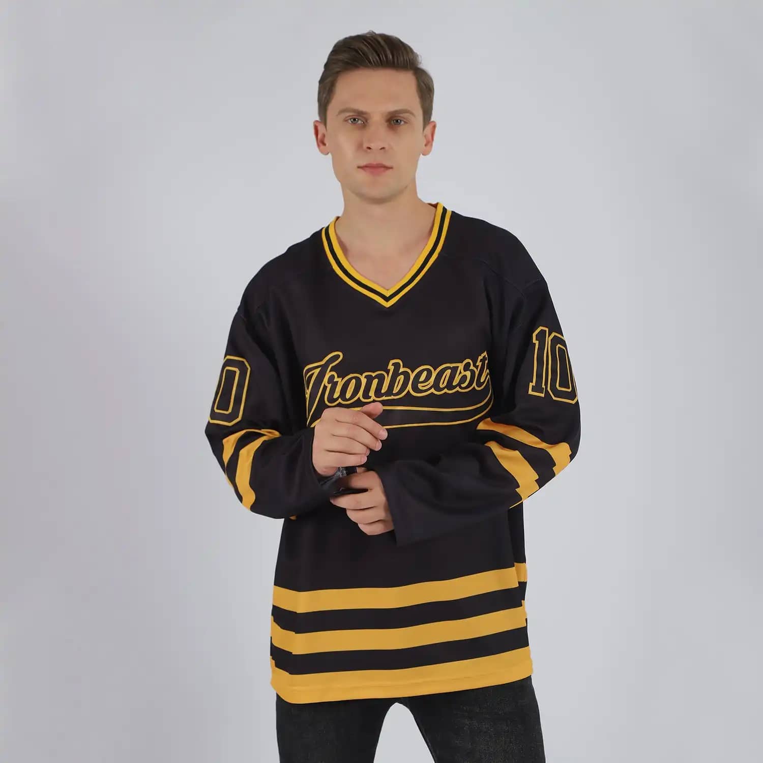 Inktee Store - Stitched And Print Black Black-Gold Hockey Jersey Custom Image