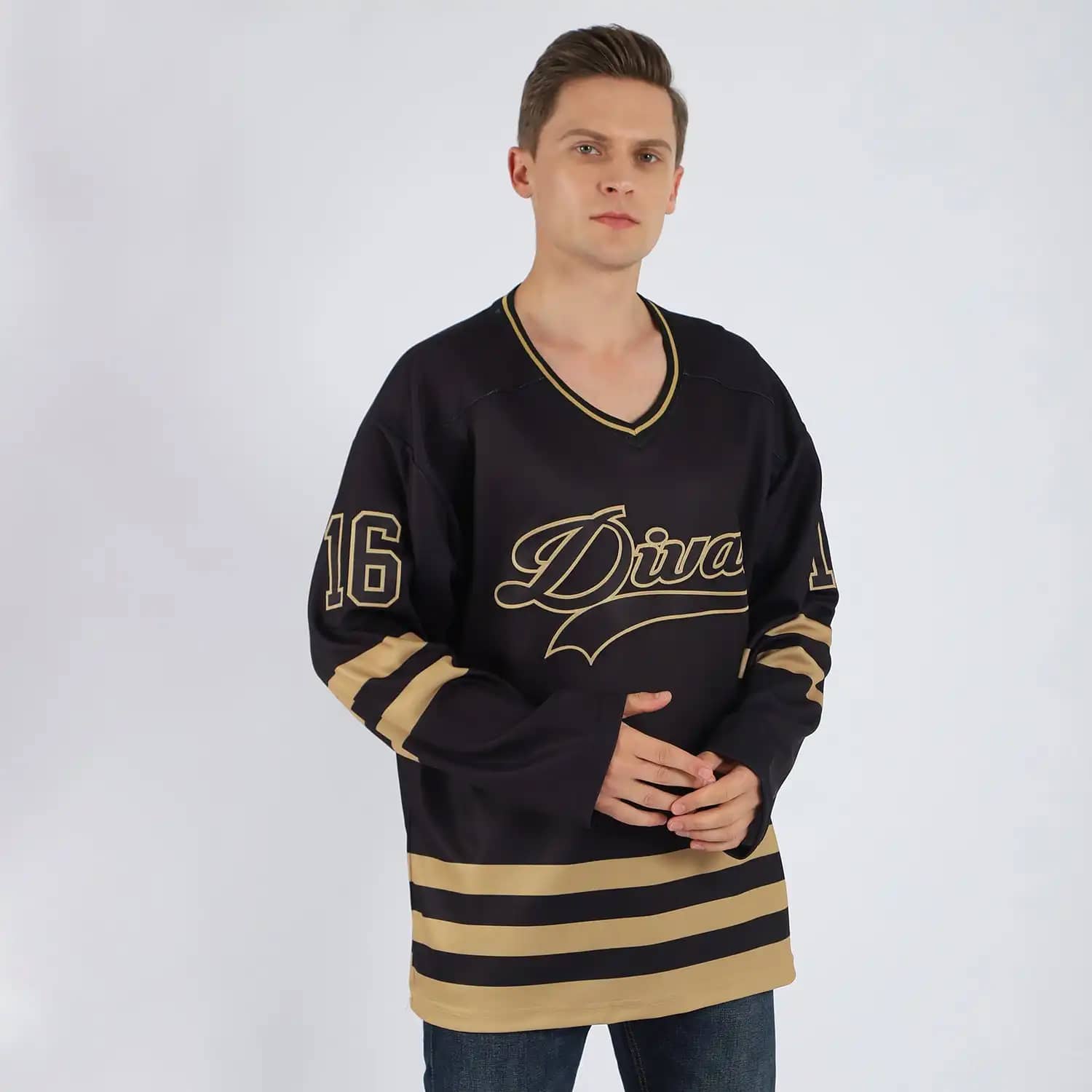 Inktee Store - Stitched And Print Black Black-Old Gold Hockey Jersey Custom Image