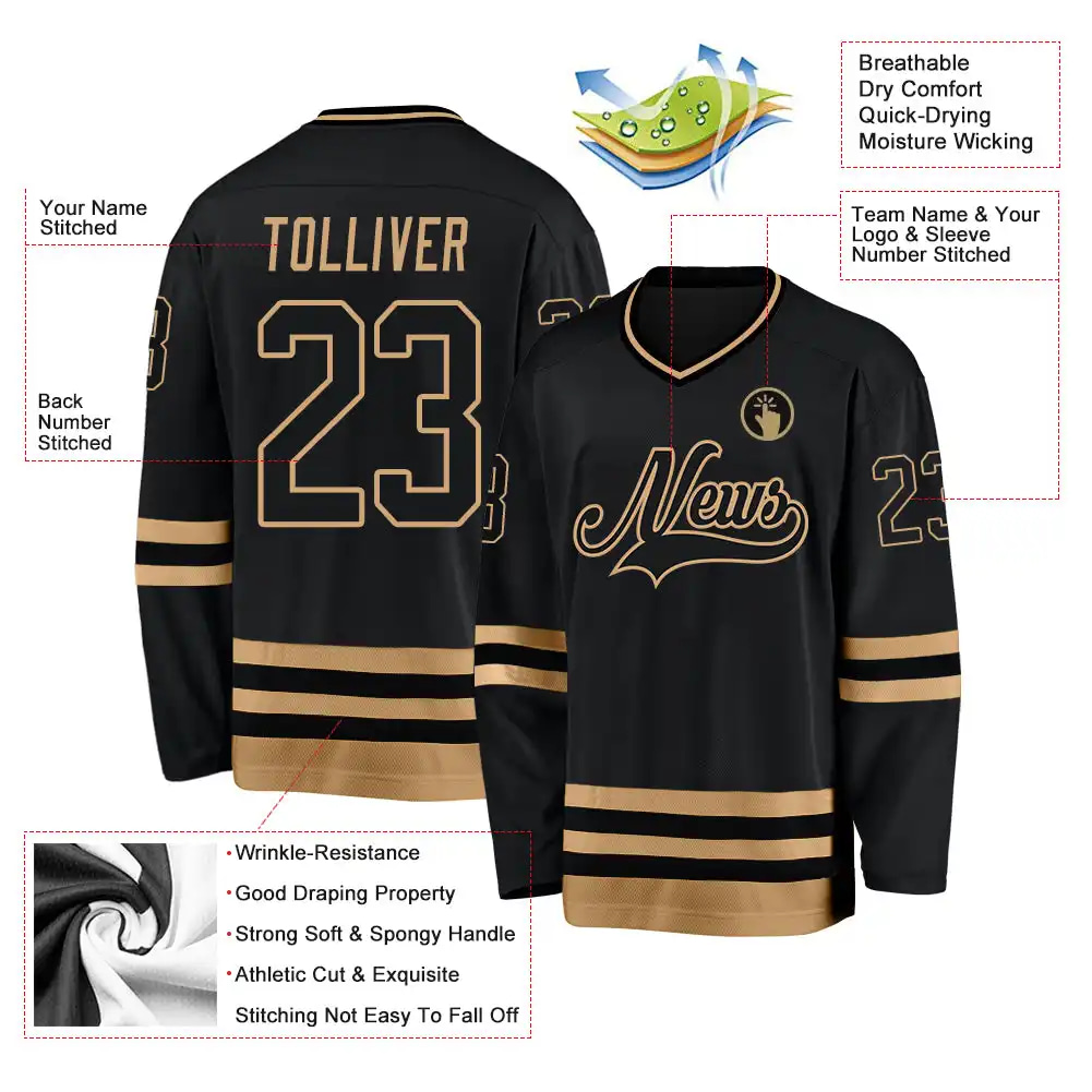 Inktee Store - Stitched And Print Black Black-Old Gold Hockey Jersey Custom Image