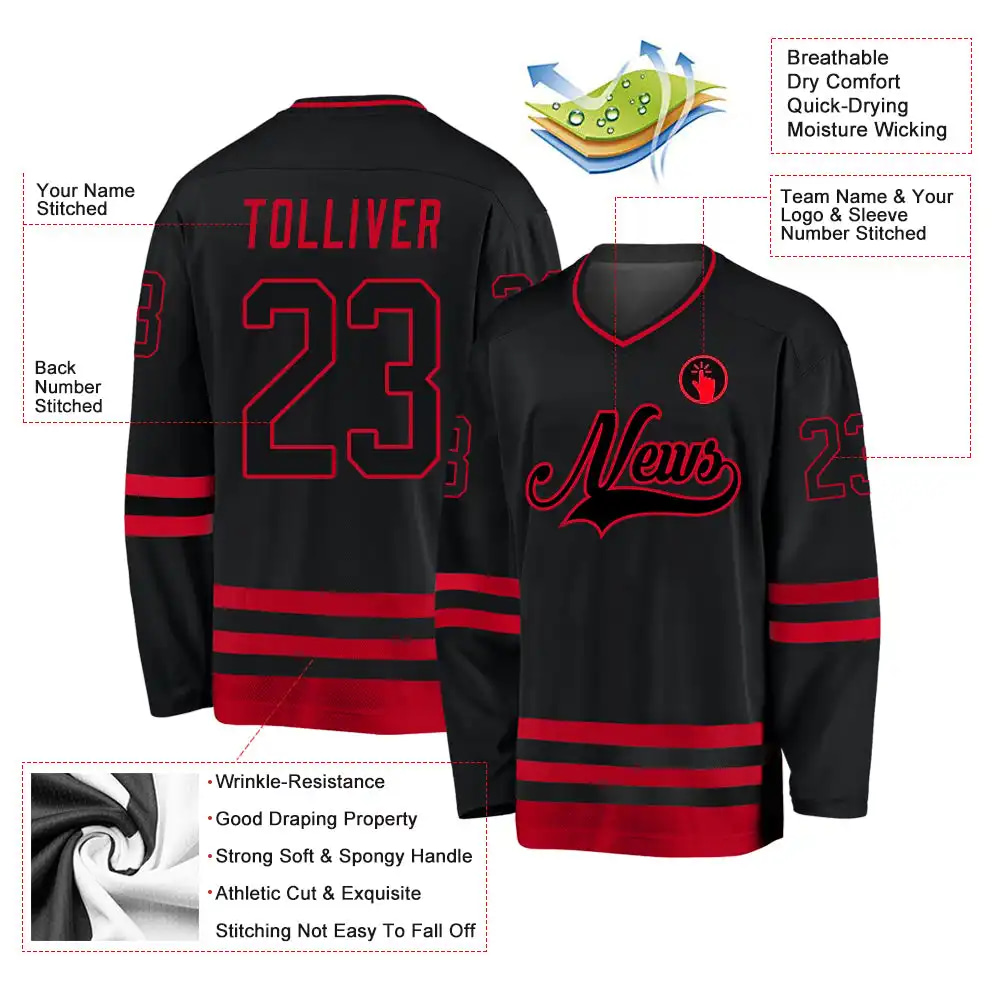 Inktee Store - Stitched And Print Black Black-Red Hockey Jersey Custom Image