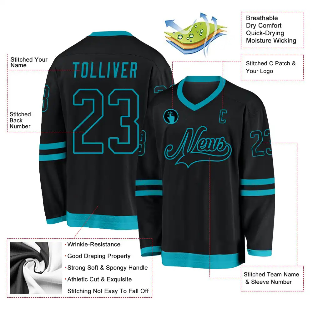 Inktee Store - Stitched And Print Black Black-Teal Hockey Jersey Custom Image