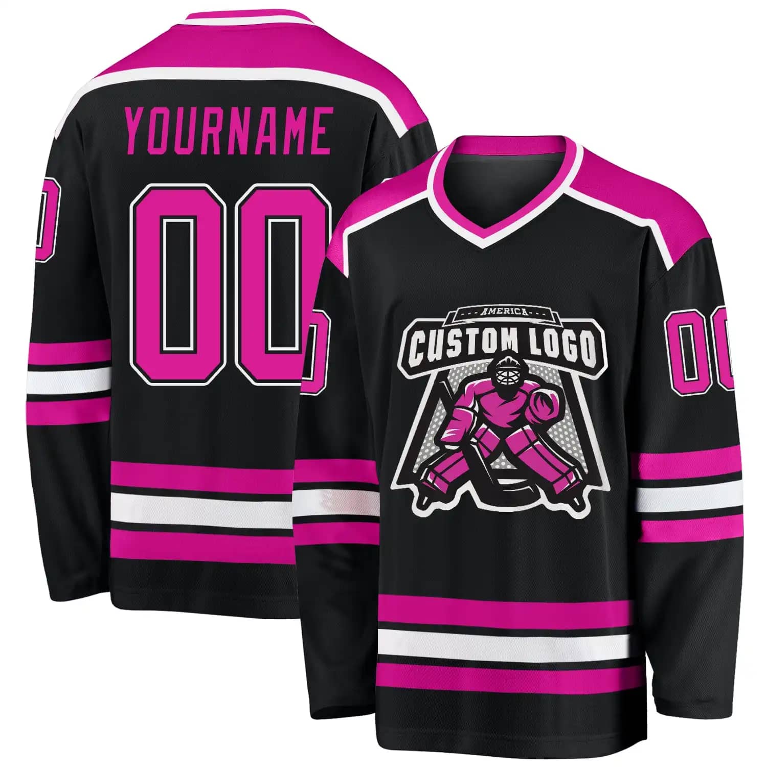 Stitched And Print Black Deep Pink-white Hockey Jersey Custom