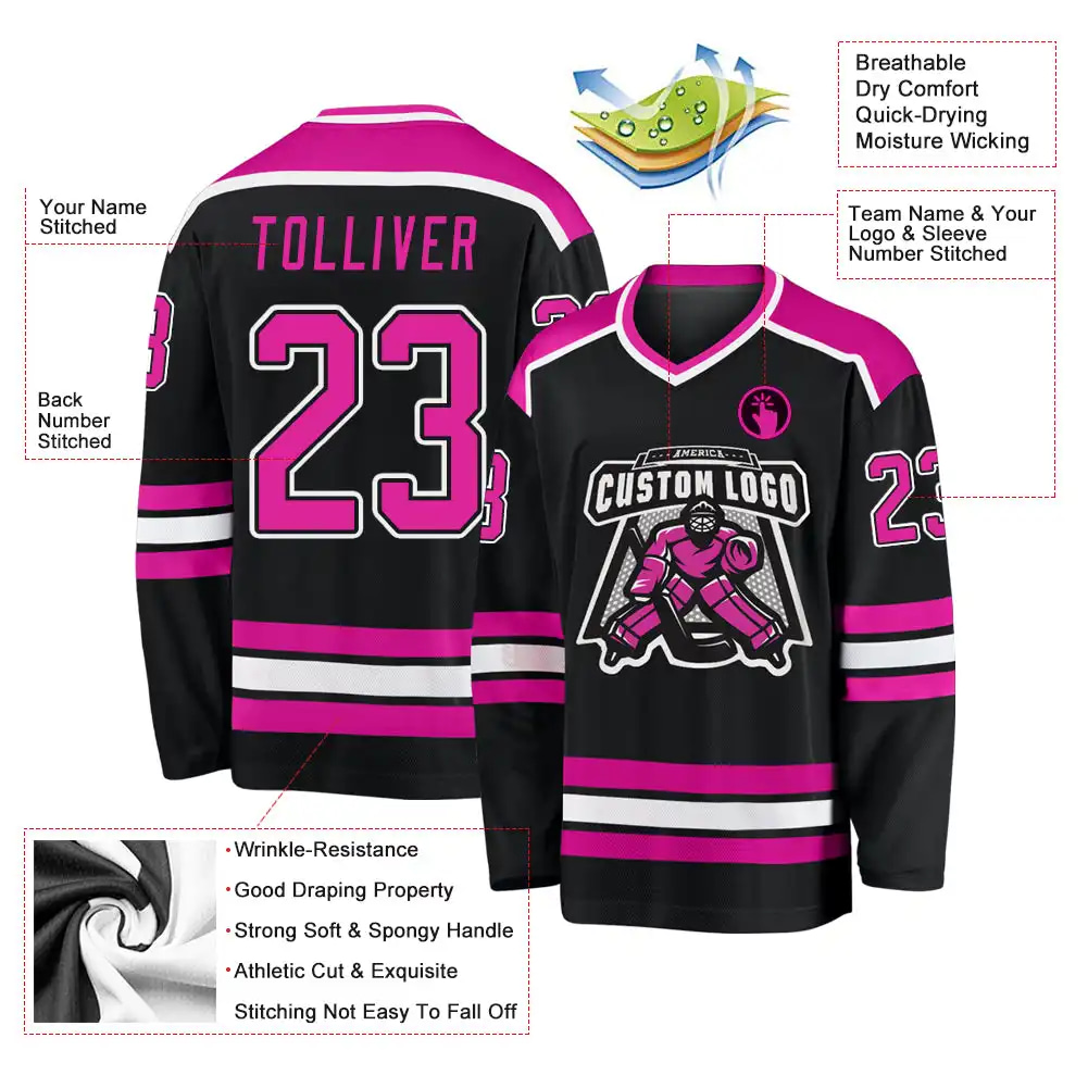 Inktee Store - Stitched And Print Black Deep Pink-White Hockey Jersey Custom Image