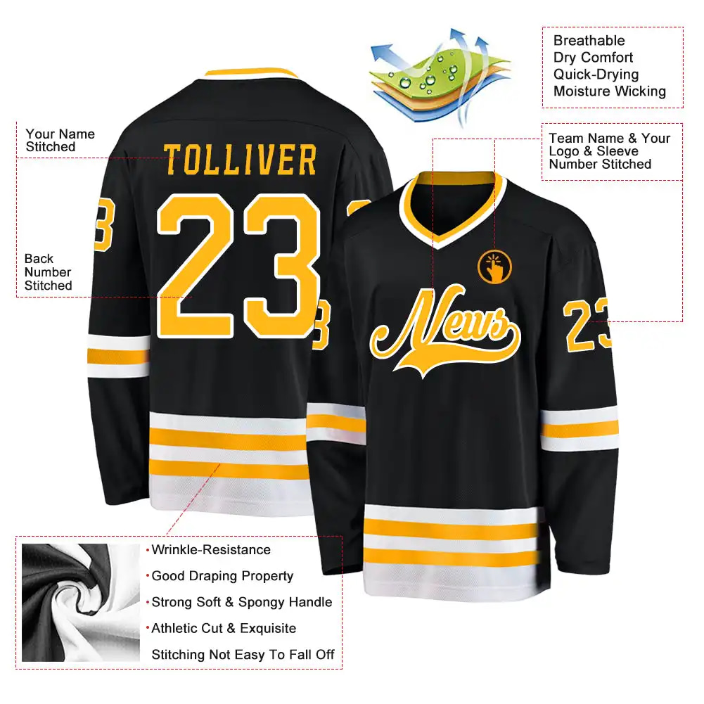 Inktee Store - Stitched And Print Black Gold-White Hockey Jersey Custom Image