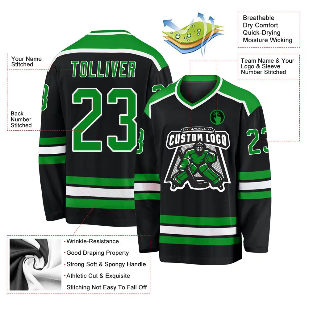 Inktee Store - Stitched And Print Black Grass Green-White Hockey Jersey Custom Image