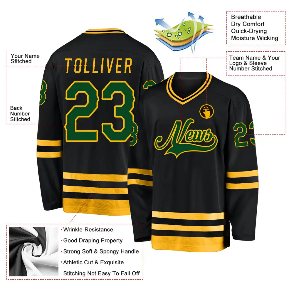 Inktee Store - Stitched And Print Black Green-Gold Hockey Jersey Custom Image