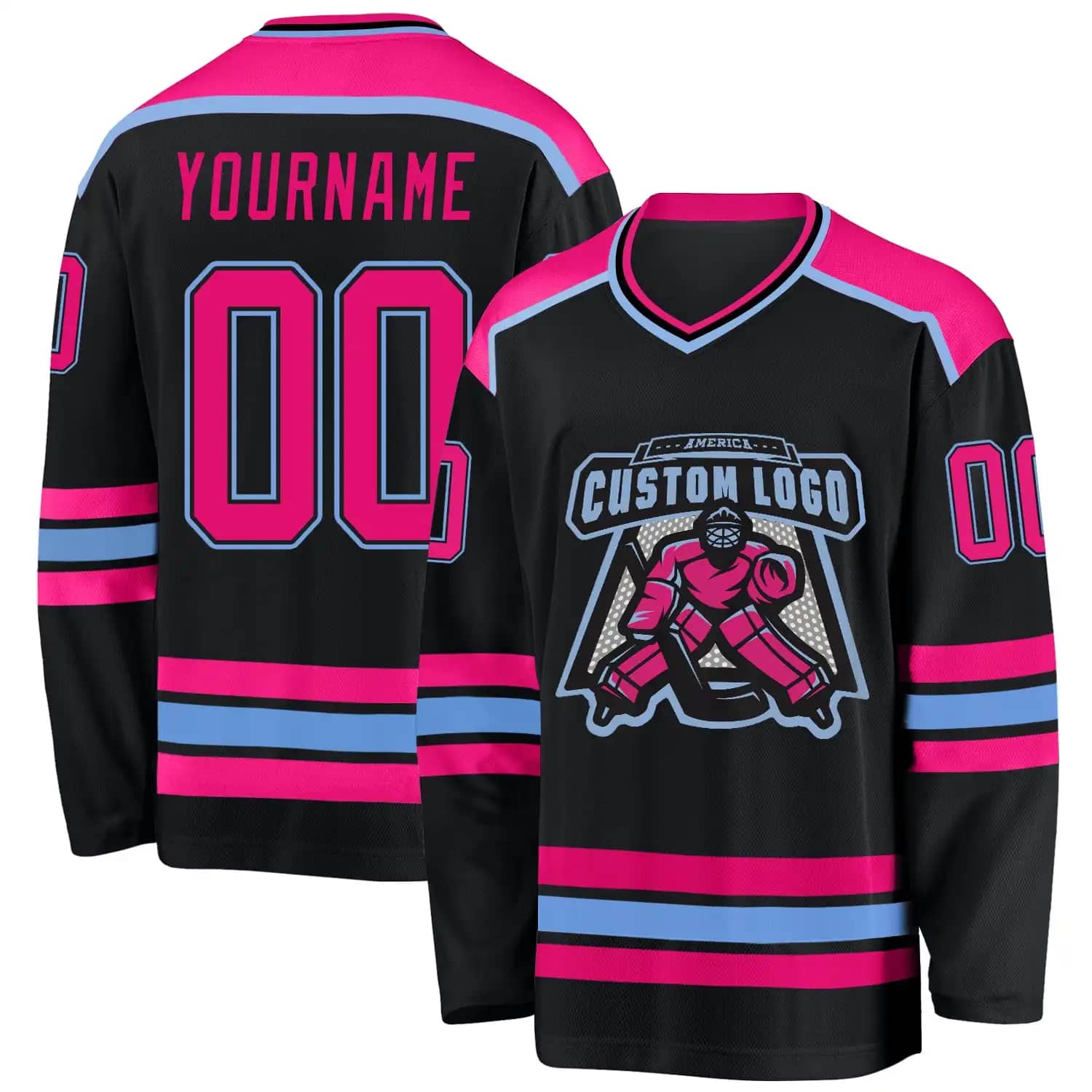 Stitched And Print Black Hot Pink-light Blue Hockey Jersey Custom