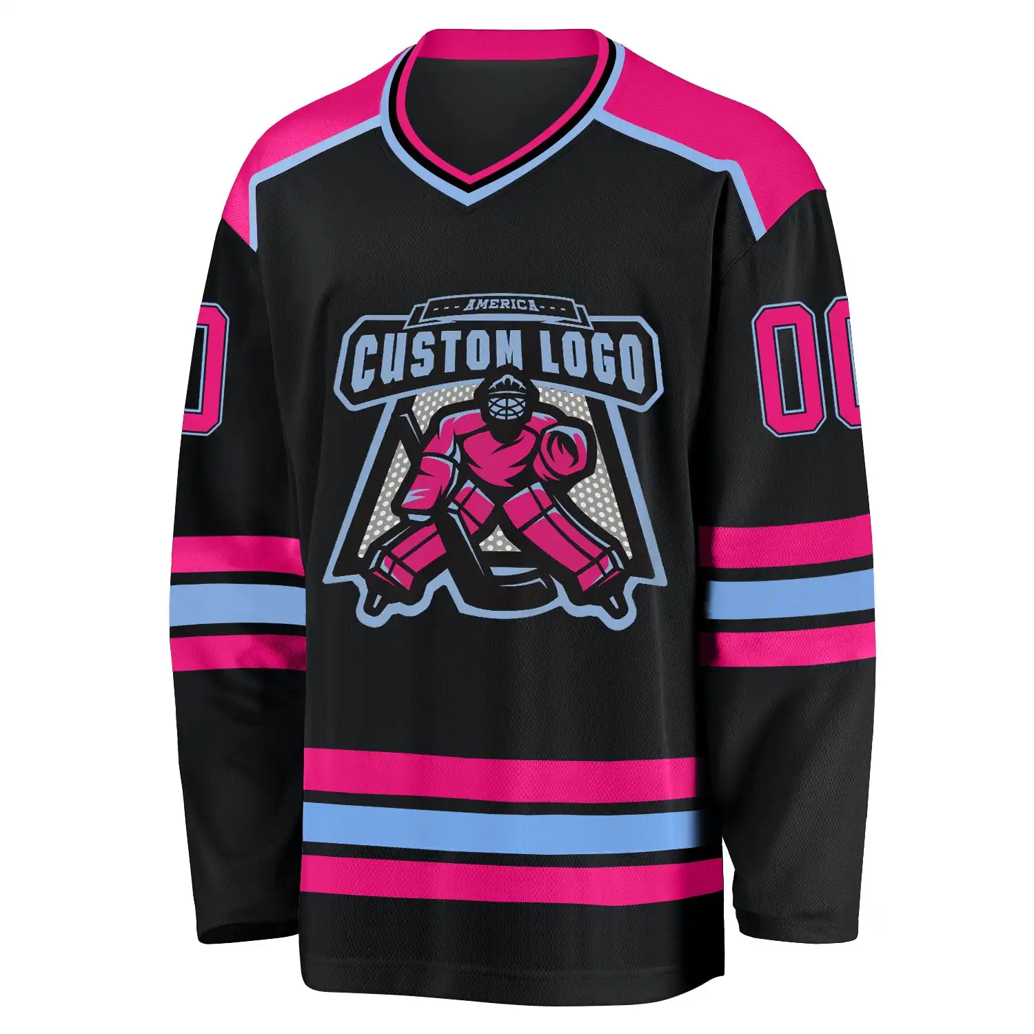 Inktee Store - Stitched And Print Black Hot Pink-Light Blue Hockey Jersey Custom Image