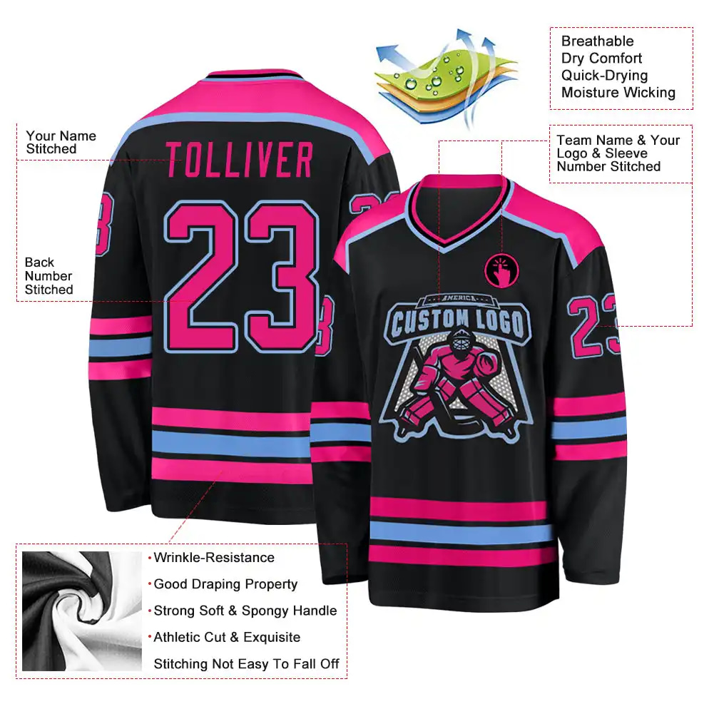 Inktee Store - Stitched And Print Black Hot Pink-Light Blue Hockey Jersey Custom Image