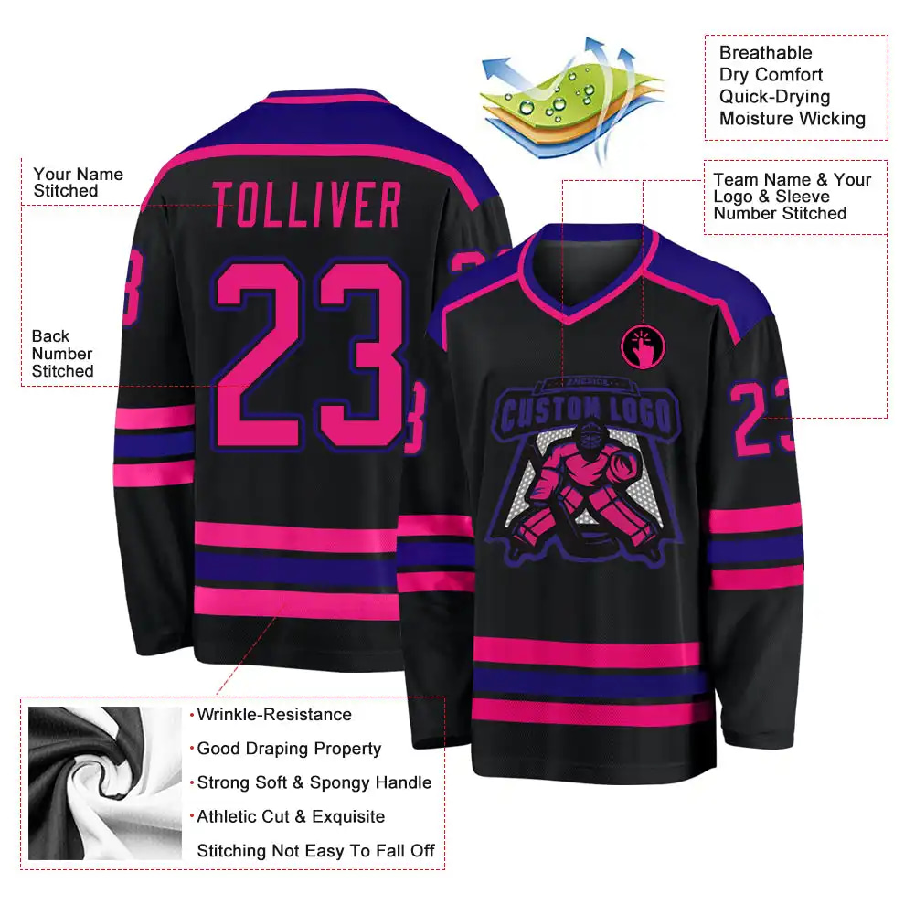 Inktee Store - Stitched And Print Black Hot Pink-Purple Hockey Jersey Custom Image