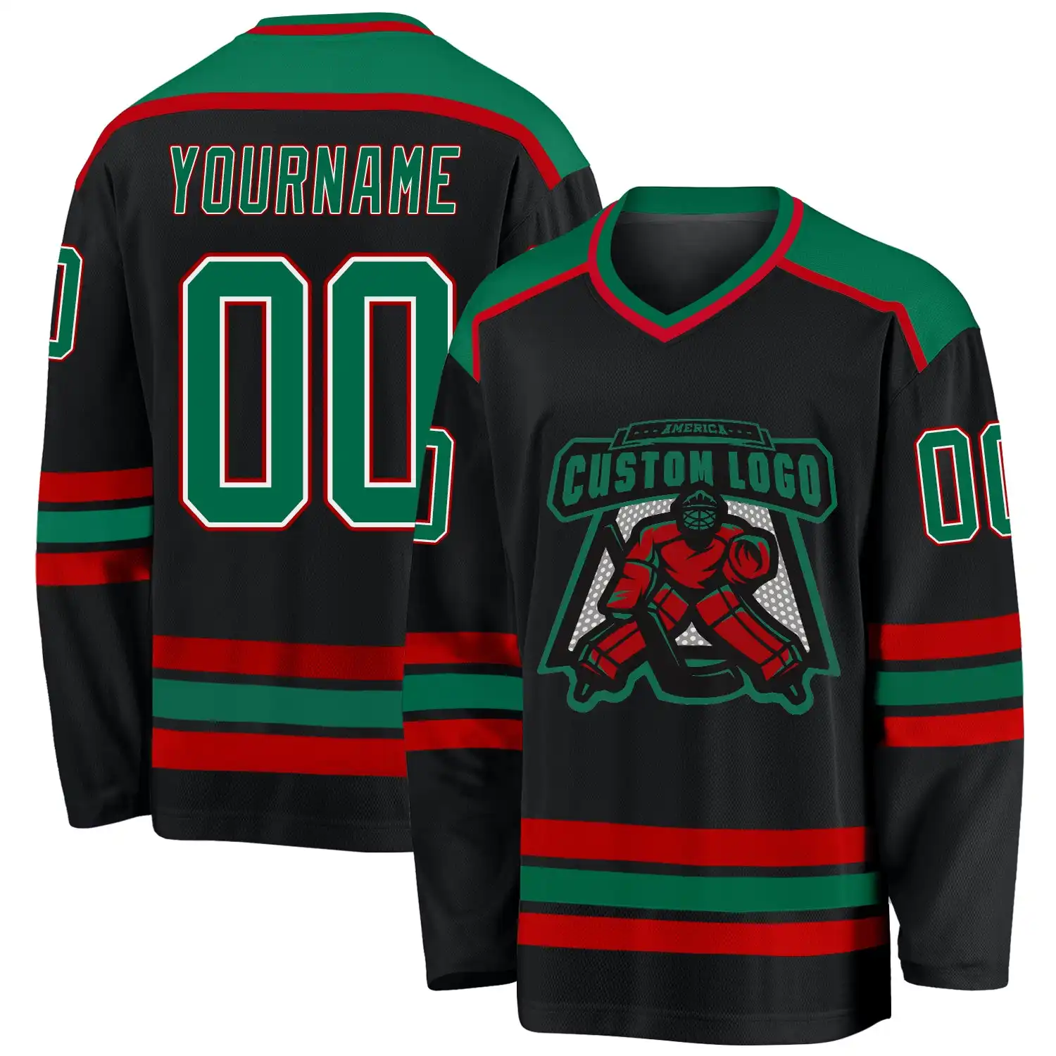 Stitched And Print Black Kelly Green White-red Hockey Jersey Custom