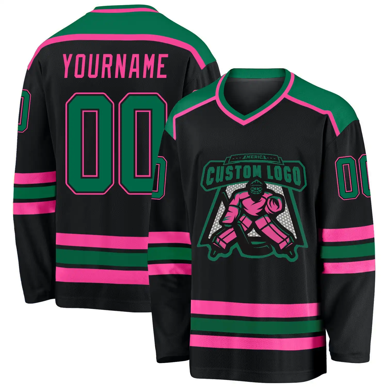Stitched And Print Black Kelly Green-pink Hockey Jersey Custom