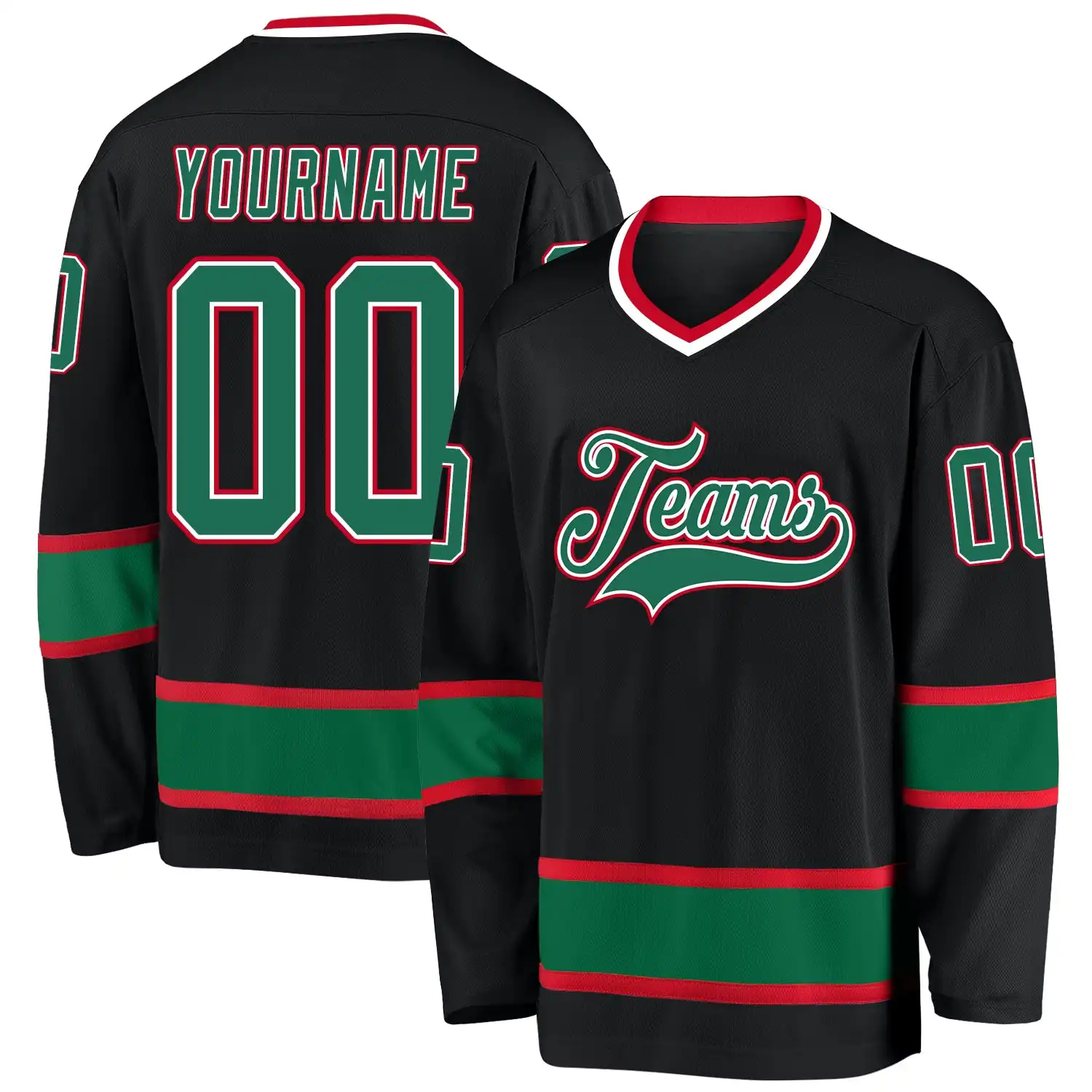 Stitched And Print Black Kelly Green-red Hockey Jersey Custom