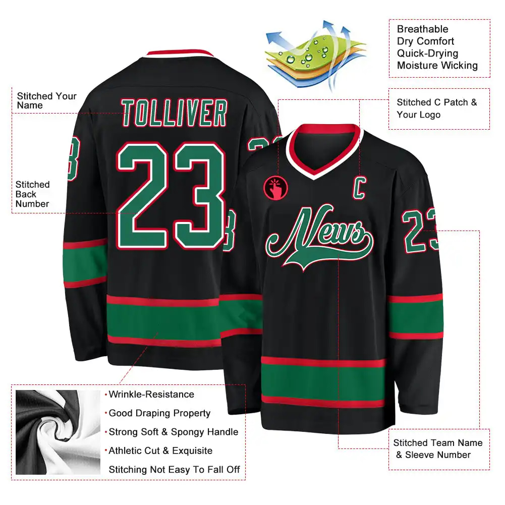 Inktee Store - Stitched And Print Black Kelly Green-Red Hockey Jersey Custom Image
