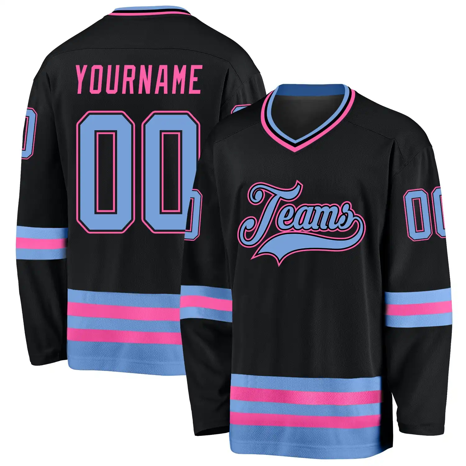 Stitched And Print Black Light Blue-pink Hockey Jersey Custom