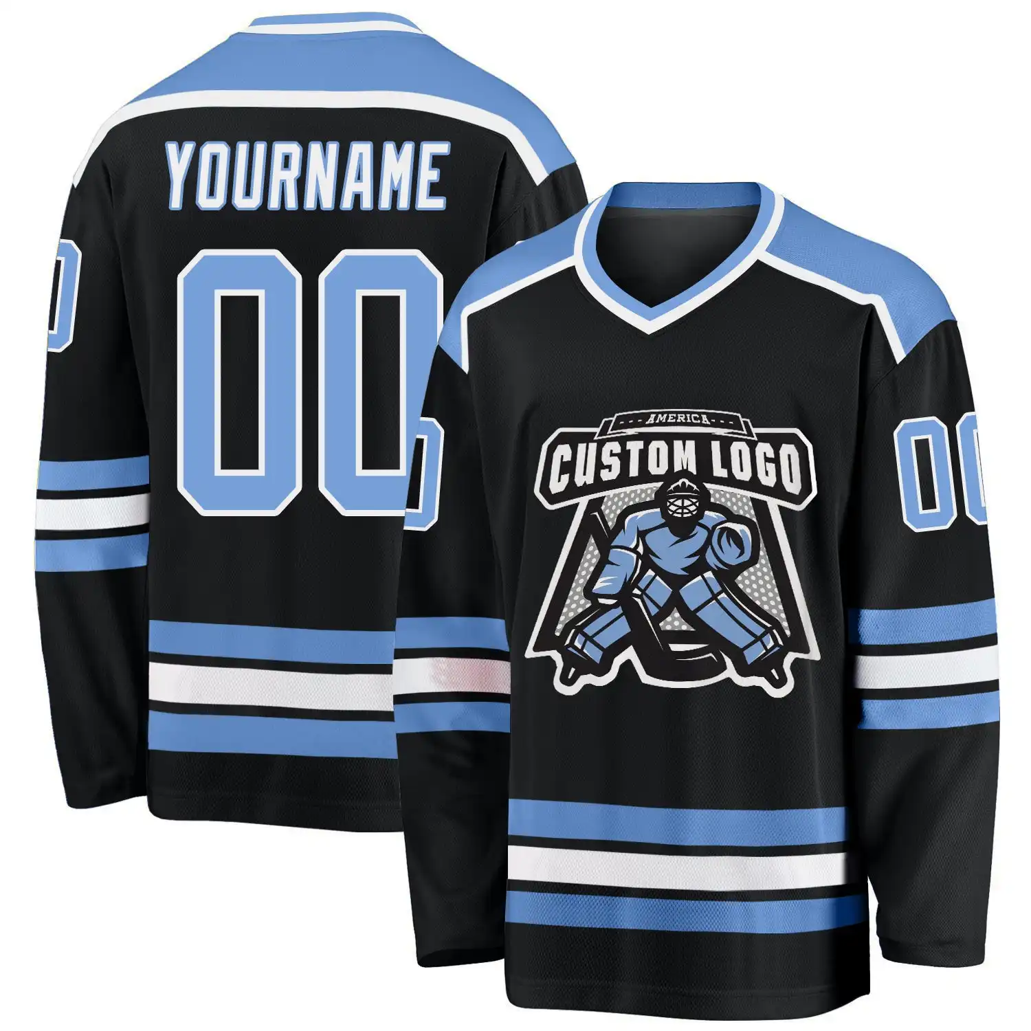 Stitched And Print Black Light Blue-white Hockey Jersey Custom