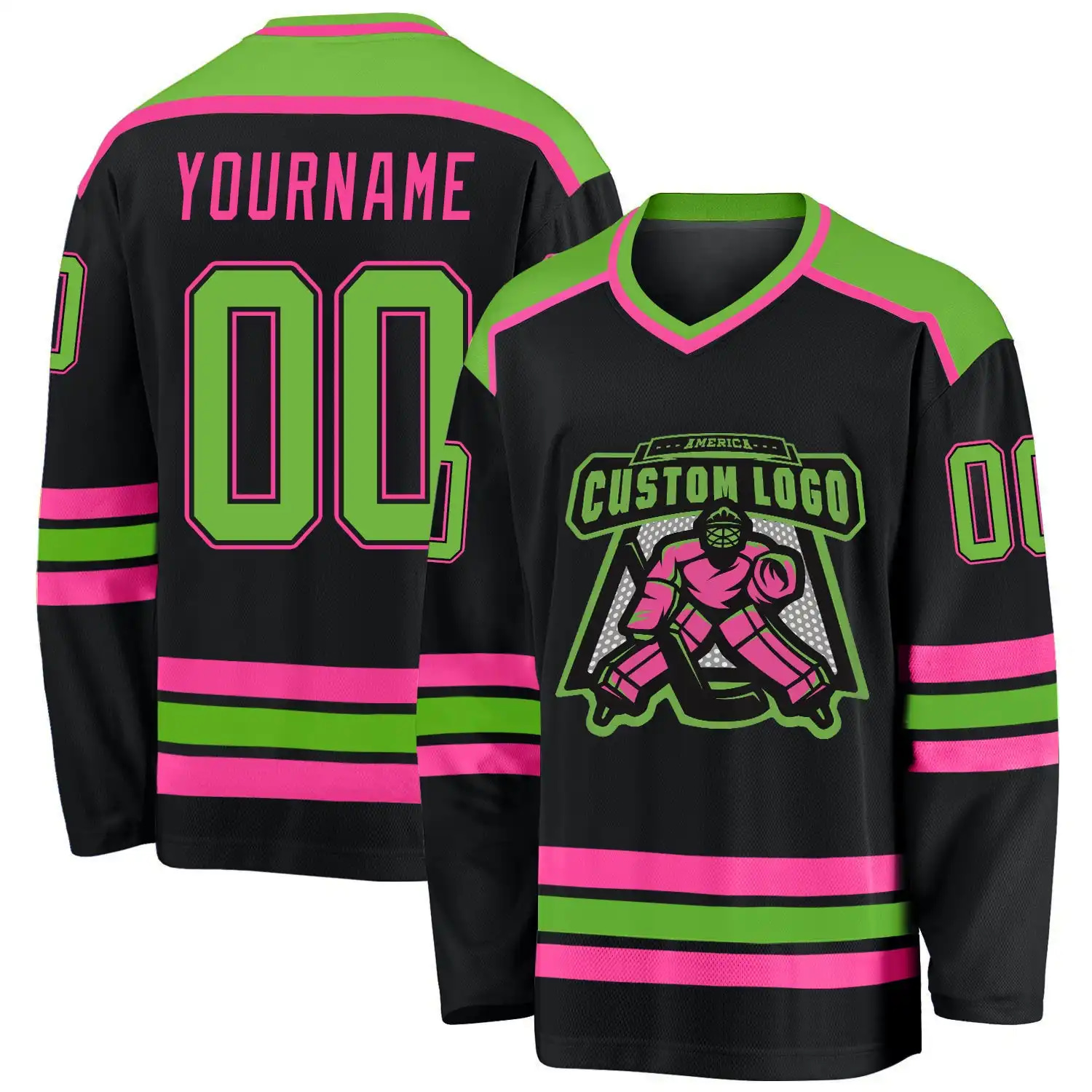 Stitched And Print Black Neon Green-pink Hockey Jersey Custom