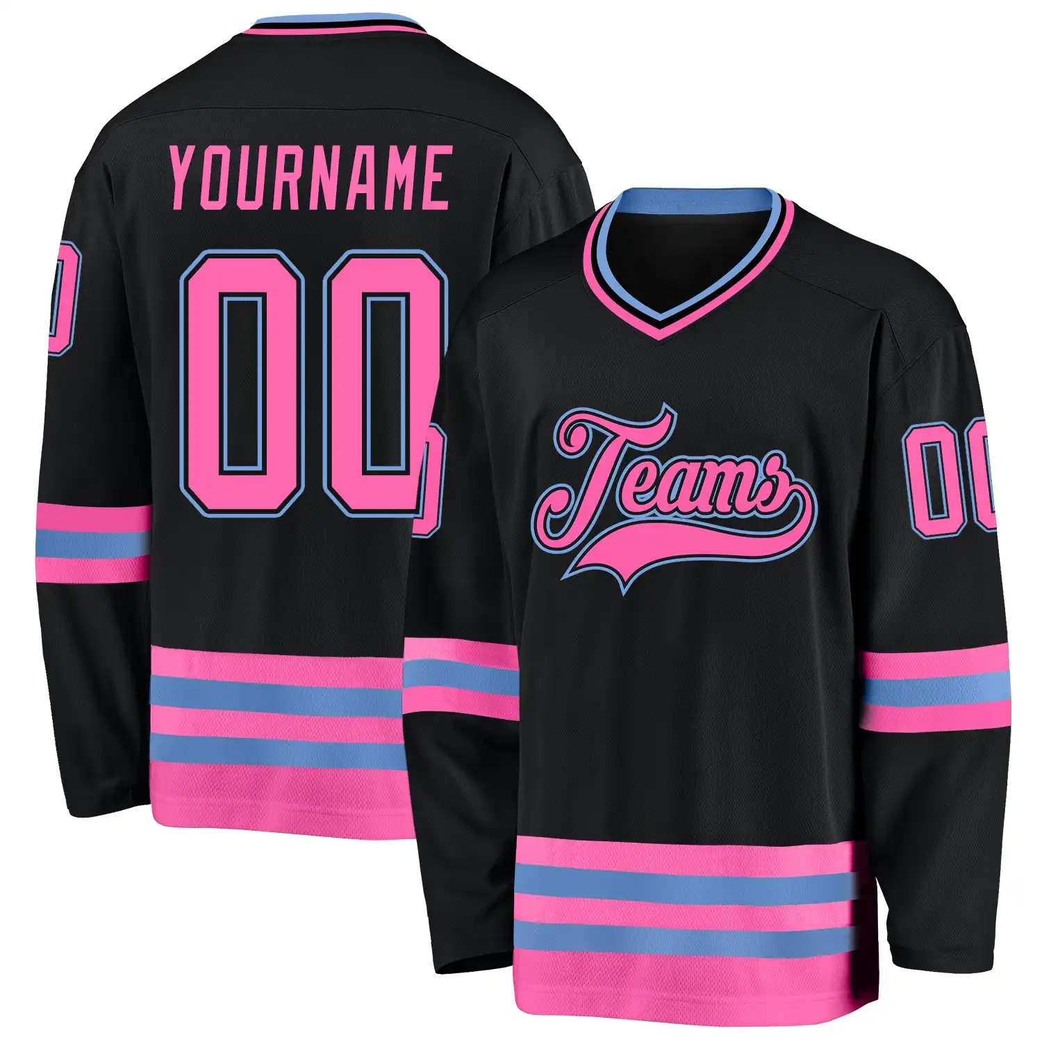 Stitched And Print Black Pink-light Blue Hockey Jersey Custom