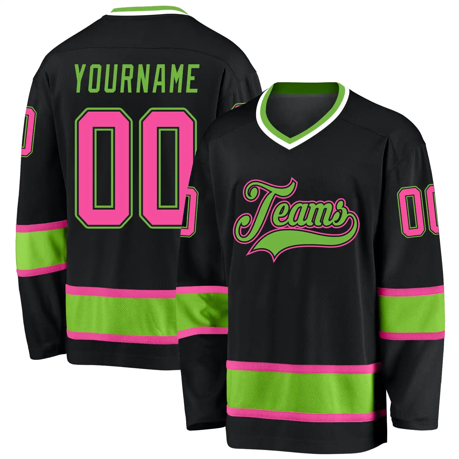 Stitched And Print Black Pink-neon Green Hockey Jersey Custom