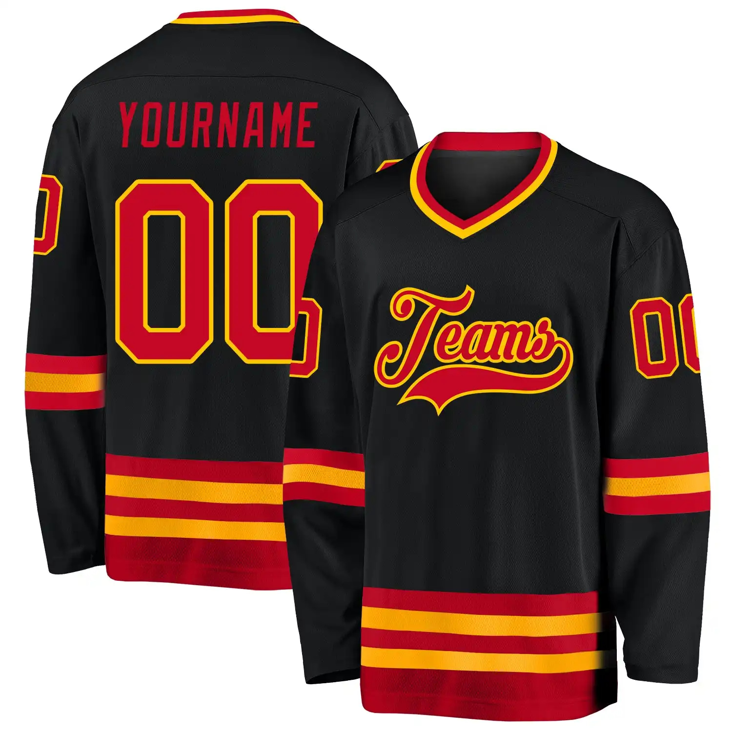 Stitched And Print Black Red-gold Hockey Jersey Custom