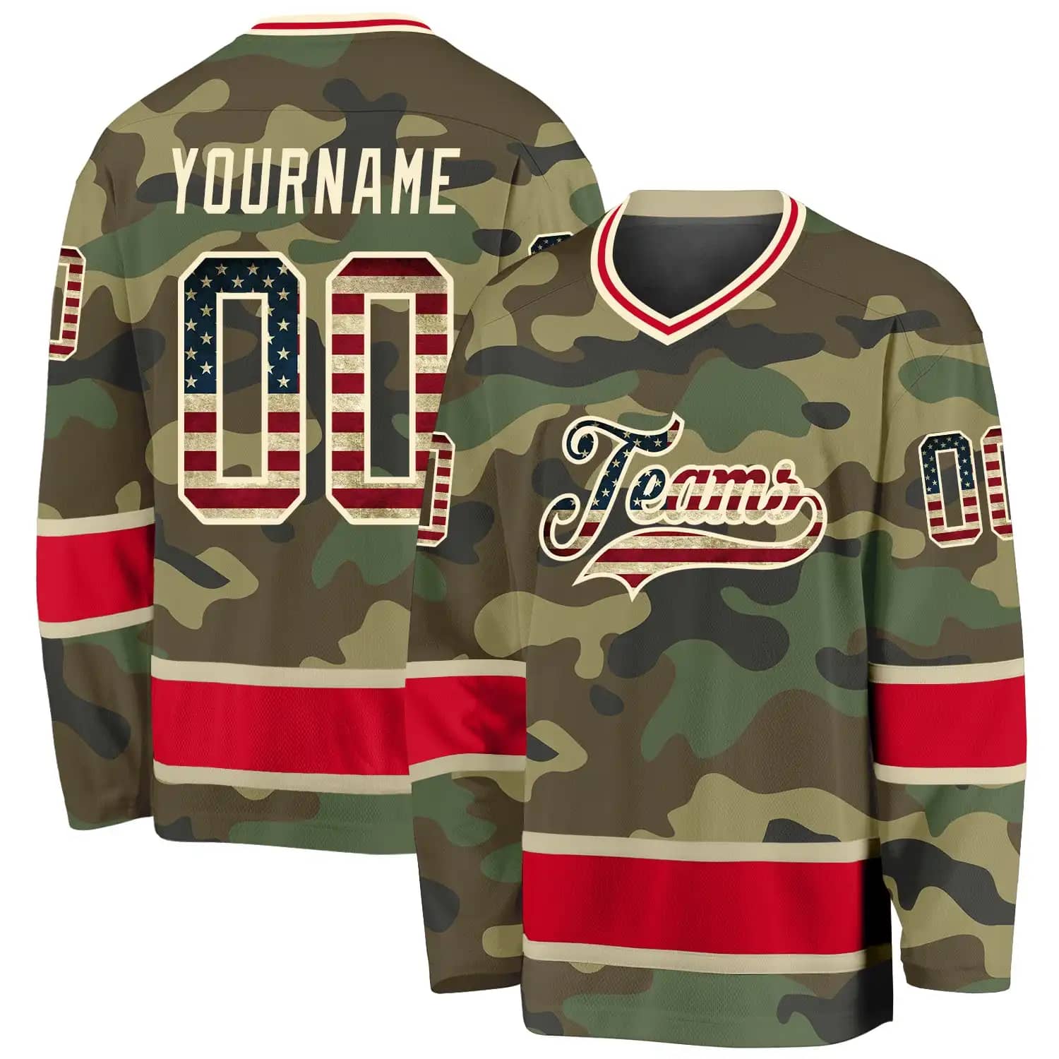 Stitched And Print Camo Vintage Usa Flag-red Salute To Service Hockey Jersey Custom