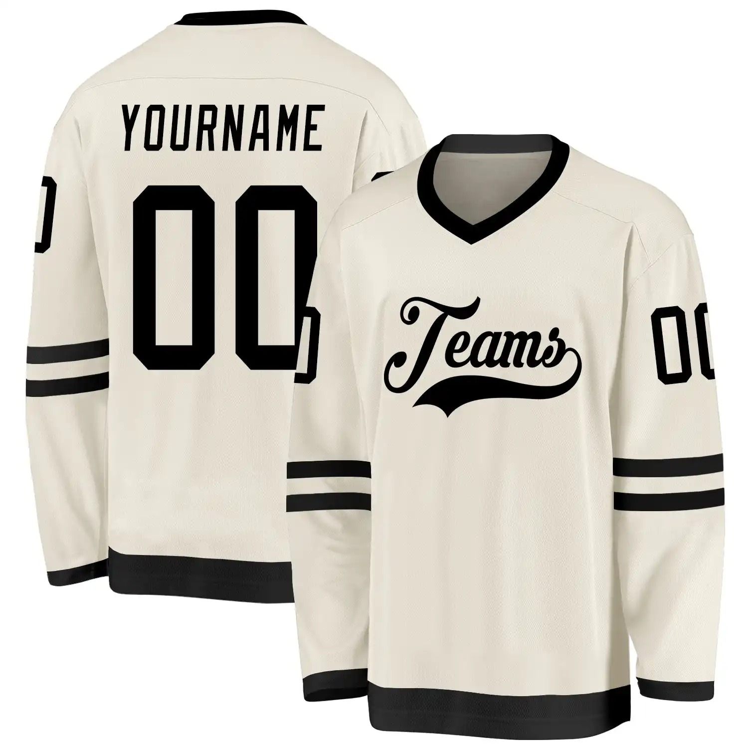 Stitched And Print Cream Black Hockey Jersey Custom