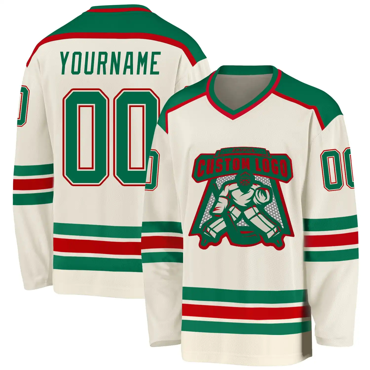 Stitched And Print Cream Kelly Green-red Hockey Jersey Custom