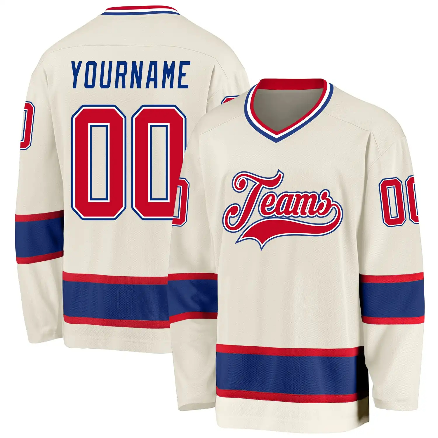 Stitched And Print Cream Red-royal Hockey Jersey Custom