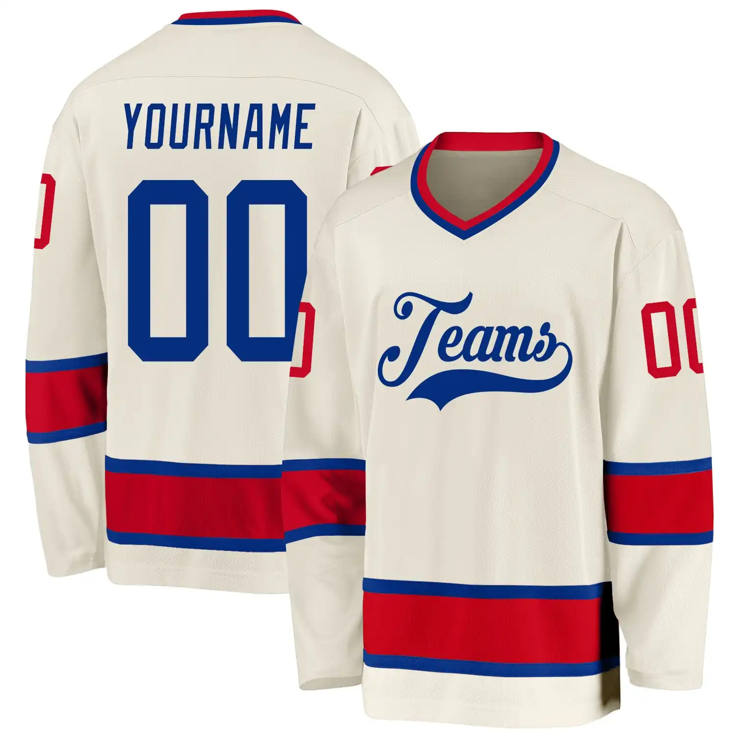 Stitched And Print Cream Royal-red Hockey Jersey Custom