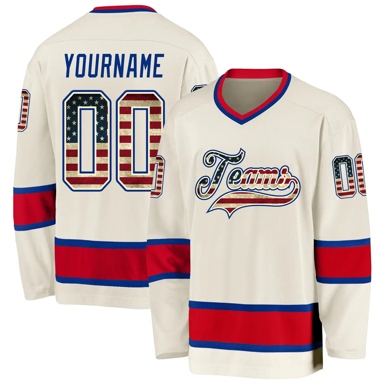 Stitched And Print Cream Vintage Usa Flag Royal-red Hockey Jersey Custom