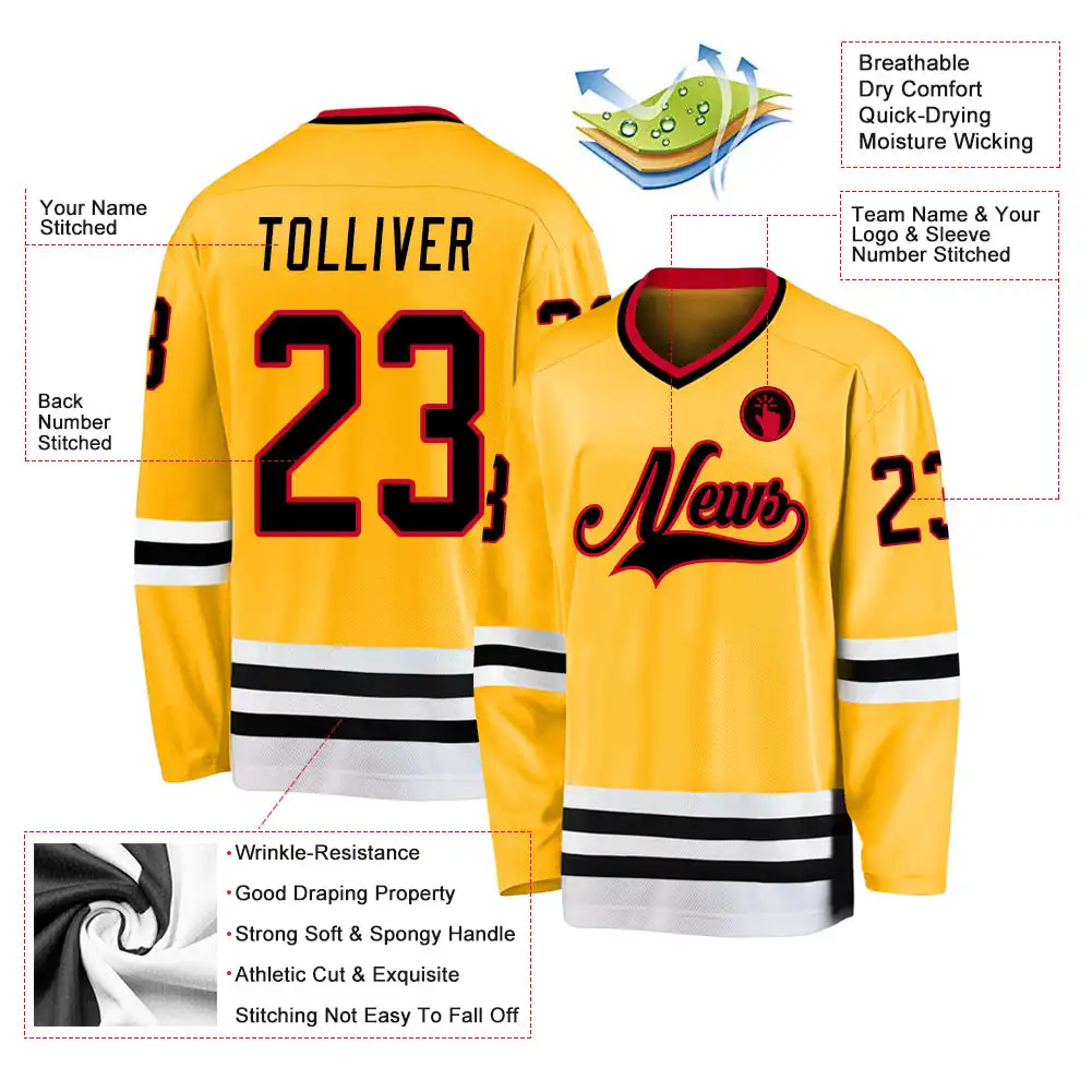 Inktee Store - Stitched And Print Gold Black-Red Hockey Jersey Custom Image
