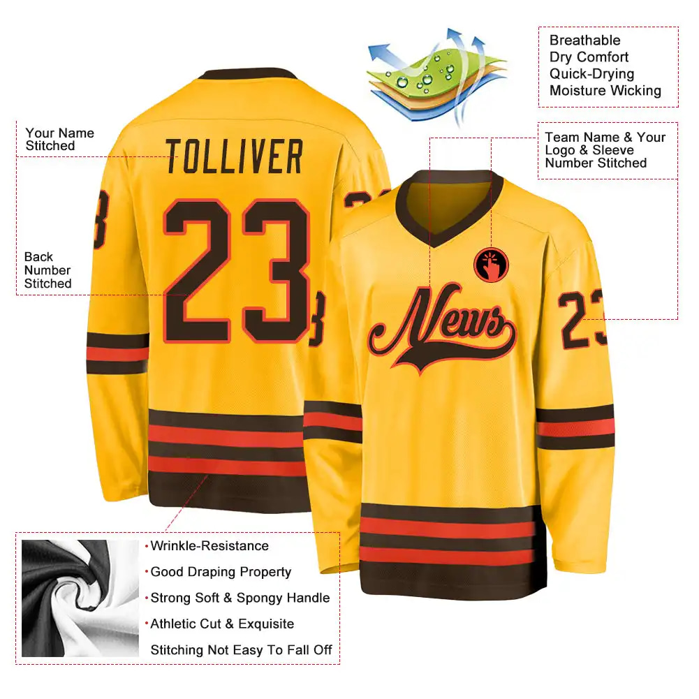 Inktee Store - Stitched And Print Gold Brown-Orange Hockey Jersey Custom Image
