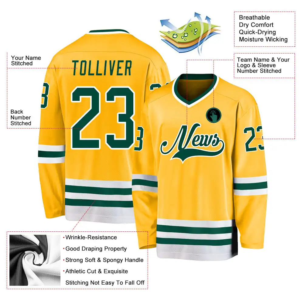 Inktee Store - Stitched And Print Gold Green-White Hockey Jersey Custom Image