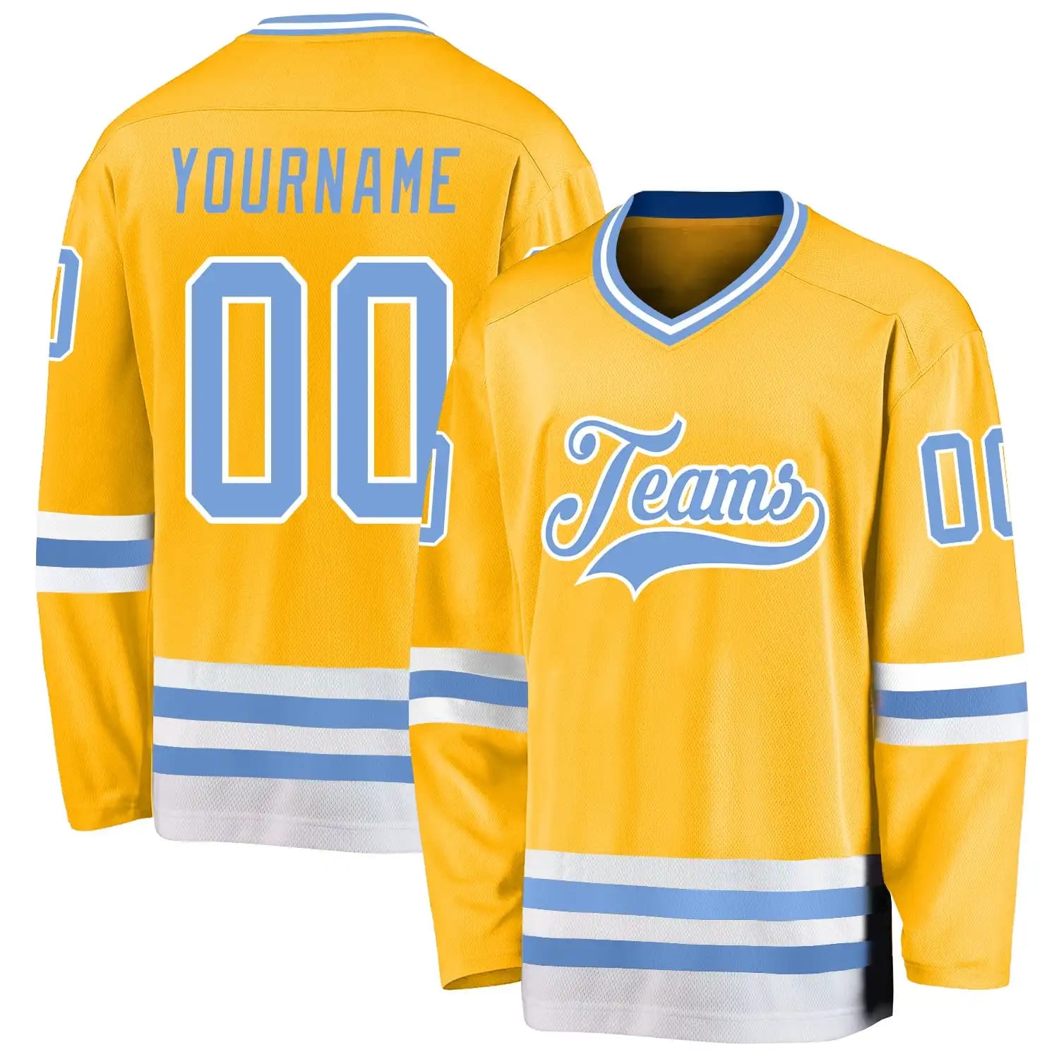 Stitched And Print Gold Light Blue-white Hockey Jersey Custom