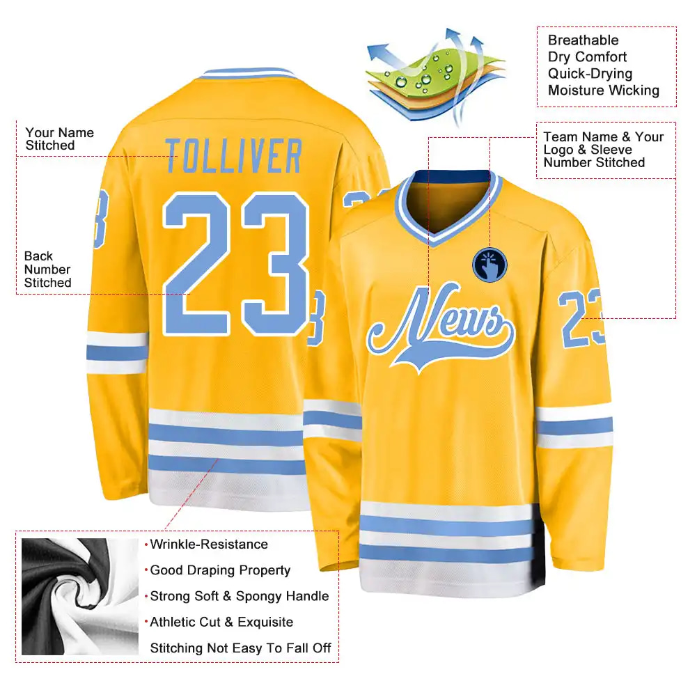 Inktee Store - Stitched And Print Gold Light Blue-White Hockey Jersey Custom Image