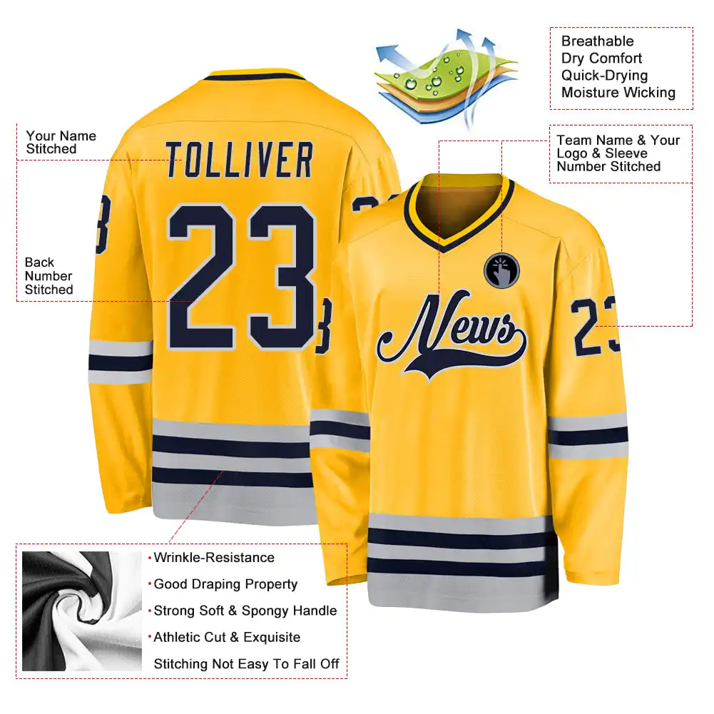 Inktee Store - Stitched And Print Gold Navy-Gray Hockey Jersey Custom Image