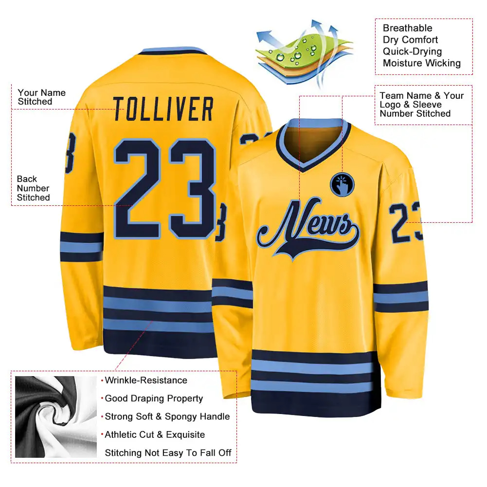 Inktee Store - Stitched And Print Gold Navy-Light Blue Hockey Jersey Custom Image